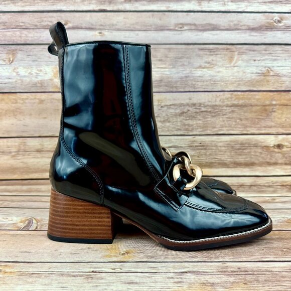 Steve Madden Shoes - Steve Madden Women’s Loreen Mid Calf Patent Leather Boots with Gold Chain 8.5M